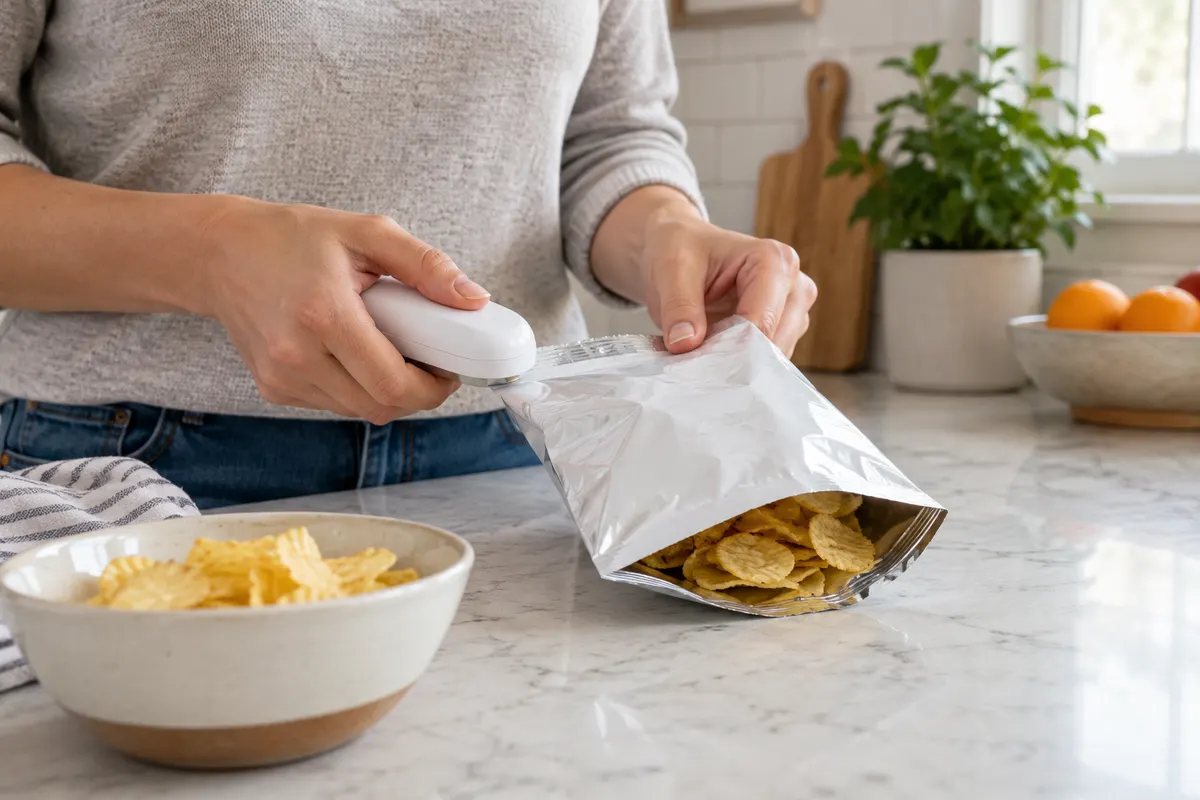 Handheld sealer used at the edge of a plain snack pouch