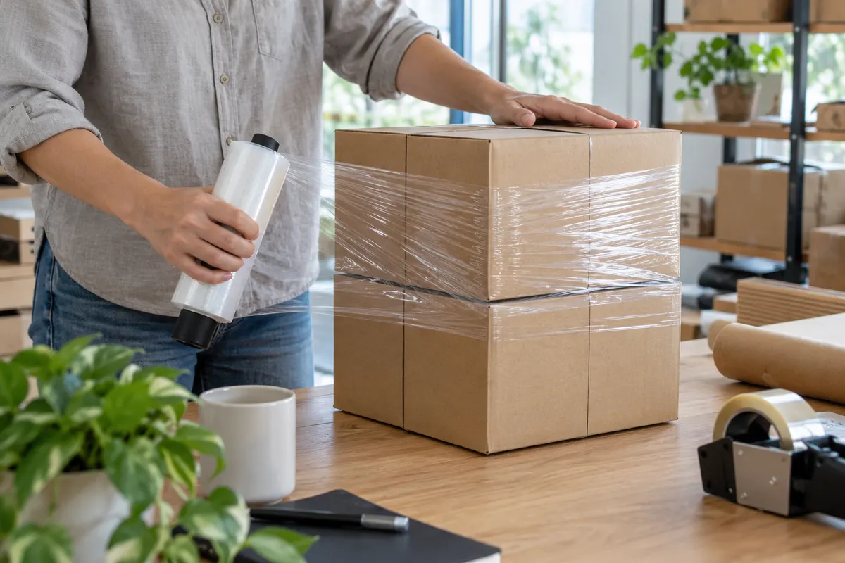 Narrow clear stretch film being wrapped around two small cardboard boxes