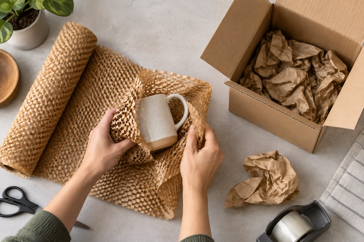 Ceramic mug being wrapped in honeycomb kraft paper beside a shipping carton