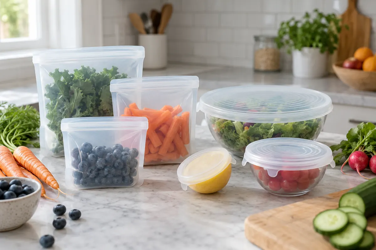 Reusable pouches and flexible bowl covers arranged on a kitchen counter