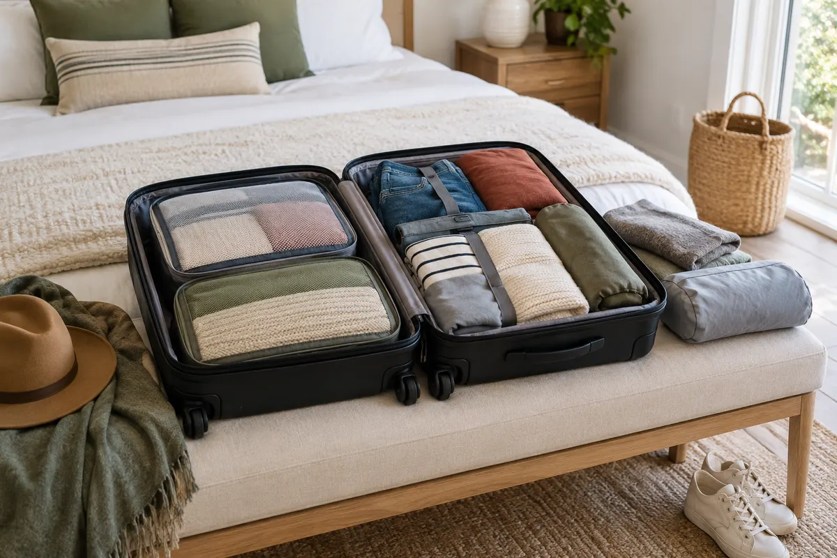 Open suitcase with organised clothes and fabric packing cubes